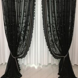 Gordijnen Luxe Zwarte Parels Kant Sheer Gordijn voor Woonkamer Raambehandeling Borduren Voile Drape Keuken Veranda #E