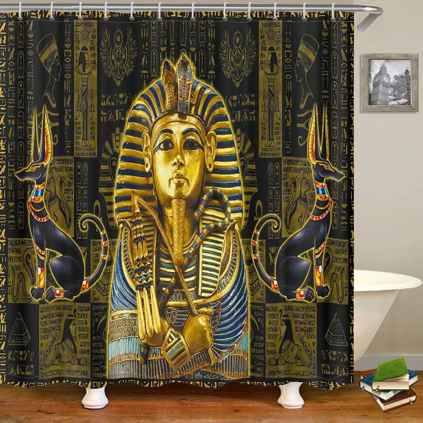 Cortinas de lujo retro faraón egipcio escultura 3D oro poliéster cortina de ducha conjunto para baño tela impermeable con 12 ganchos decoración