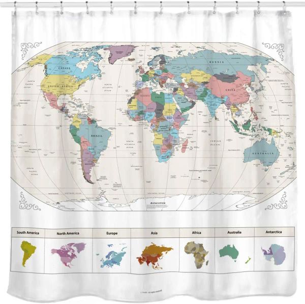 Rideaux Carte du monde avec rideau de douche en tissu détaillé des grandes villes