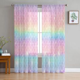 Gordijnen Zeemeermin Schalen Oceaan Regenboog Chiffon Pure Gordijnen voor Woonkamer Slaapkamer Woondecoratie Raam Voiles Tule Gordijn