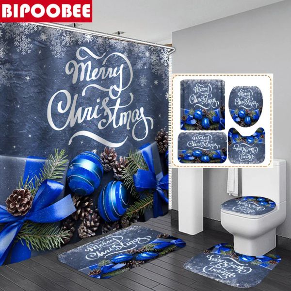 Rideaux Joyeux Noël Rideaux de salle de bain Couverture de toilette Ruban bleu Boîte-cadeau Cloche Rideau de douche imprimé Tapis antidérapant Tapis de bain sur pied