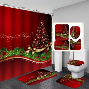 Gordijnen Merry Christmas Shower Gordijn Kerstboom Nieuwjaar badkamer decor niet -slijd vloerkleed badmat toilet deksel deksel waterdicht scherm