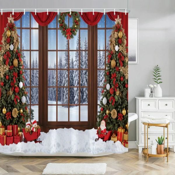 Rideaux Joyeux Noël Rideau De Douche De Noël Décor À La Maison Père Noël Cadeau Simulation Fenêtre Enneigée Lavable Rideaux De Douche Décor