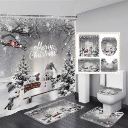 Rideaux Joyeux Noël Rideau de douche Ensemble drôle bonhomme de neige cèdre oiseau hiver forêt nouvel an salle de bain décor porte tapis tapis de bain couverture de toilette