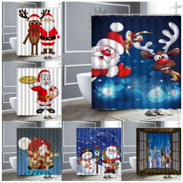 Rideaux Joyeux Noël Arbre Bonhomme De Neige Père Noël Flocon De Neige Rideaux De Douche Rideau De Salle De Bain Tissu Polyester Baignoire Décor Écran De Bain