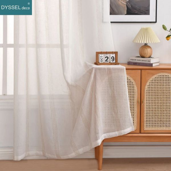 Rideaux modernes à rayures en lin naturel, Style américain, Tulle, œillets semi-transparents, pour fenêtres supérieures, pour salon et chambre à coucher