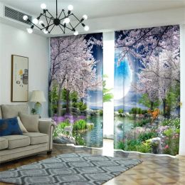 Rideaux Lune Fleur Cygne Arbre Rivière Forêt Vue Naturelle Rideau De Fenêtre Pour Salon Enfants Chambre Salle De Bains Cuisine Porte Décor À La Maison2Pcs