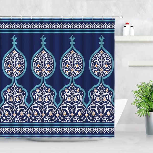 Rideaux Style ethnique marocain personnalité salle de bain rideau rétro fleur bleu toile de fond imprimé tissu créatif rideaux de douche avec crochets