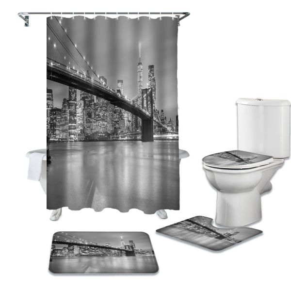 Rideaux New York City Night Shower Curtain Toilet Soupt Cover Set WC Accessoires Mat de salle de bain Décor de salle de bain Curtains