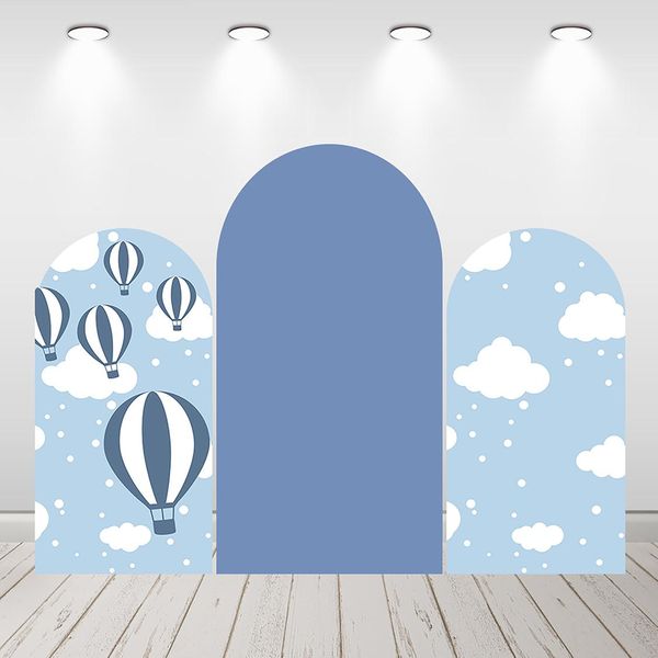 Cortinas recién nacido bebé ducha arco pared telón de fondo cubierta azul nubes blancas globos de aire caliente fondo estudio fotográfico