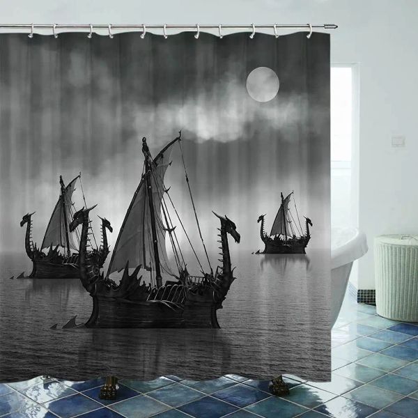Cortinas de ducha de barco vikingo nórdico, arte de barco de fantasía, dragón de vela de Color blanco y negro para baño con ganchos