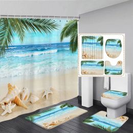 Rideaux de douche de paysage océan Rideau de douche de palmier feuilles étoiles de mer conch vague de mer de plage décor de salle de bain tapis non glissé des tapis de bain couverture de toilette