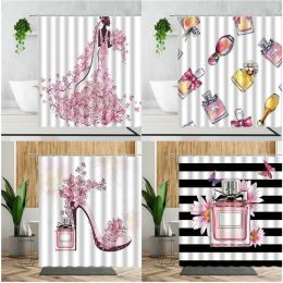 Rideaux Rose Mode Fleurs Rideaux De Douche Bouteille De Parfum Cosmétiques À Talons Hauts Fille Chambre Rideau Ensemble Tissu Rideau De Bain Imperméable