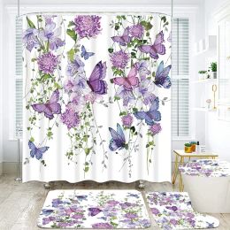 Cortinas Cortina de ducha de baño impermeable estampada de flores moradas