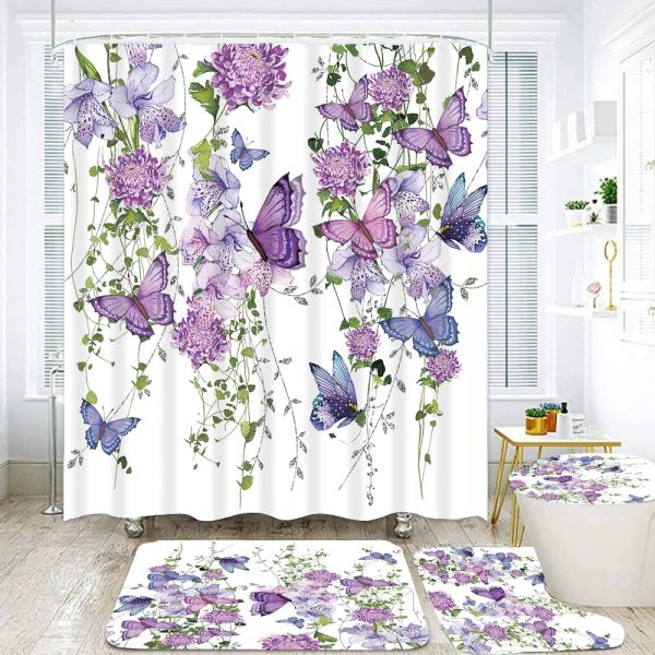 Rideaux pourpre fleur papillon imprimé imperméable rideau de douche de salle de bain de salle de bain net galin tapis de tapis de tapis de bain