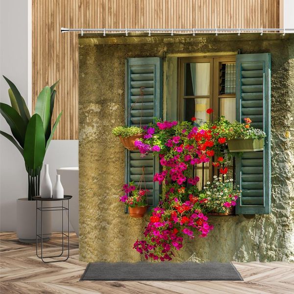 Rideaux Rétro fenêtre plante fleurs rideau de douche Vintage porte en bois fond accessoires de salle de bain rideaux de bain imperméables avec crochet