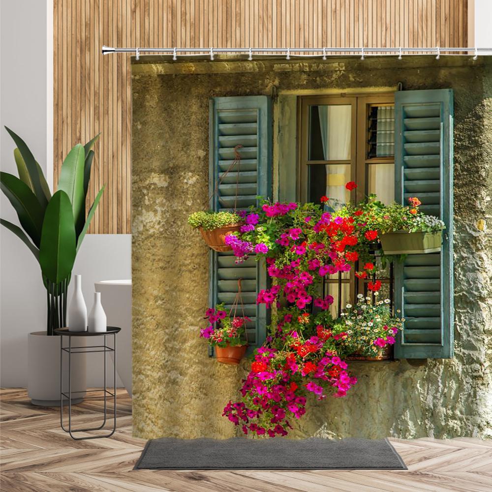  Perdeler retro pencere bitki çiçekler duş perdesi vintage ahşap kapı arka plan banyo aksesuarları su geçirmez banyo perdeleri ile kanca