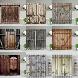 Cortinas Retro Puertas de madera Juego de cortinas de ducha Rústico Antiguo Vintage Puerta de granero Tela Cortinas de baño Decoración de baño de granja Mamparas de baño Gancho