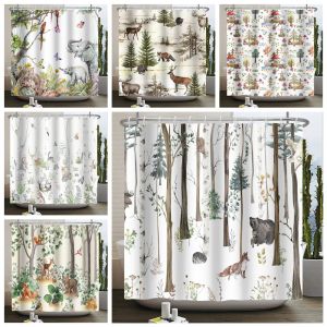 Curtains Rlsgjlkjk Rideau de Douche Animaux de la forêt Arbres de la Jungle Plante Faune Oiseau Ours Renard Cerf Rideau de Douche de Salle de Bain Minimaliste Moderne