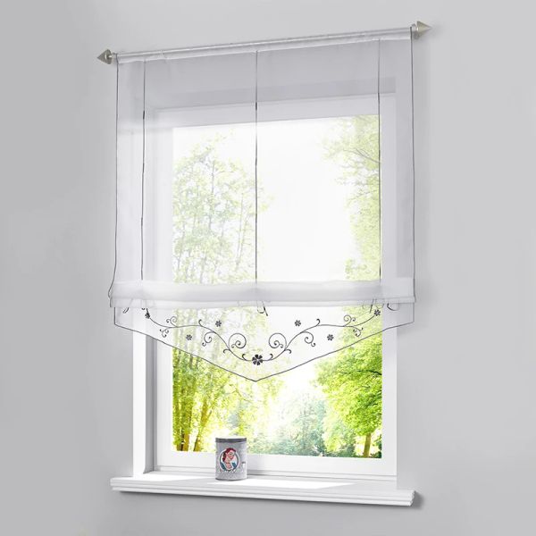 Rideaux Rideau romain rideau de fenêtre transparent brodé à fleurs pour cuisine salon panneau de criblage de Voile 1 PCS/Lot avec ceintures de ruban