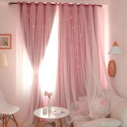 Rideaux Romantique Étoile Creuse Rideau de Fenêtre Occultant pour Salon Chambre Crochets Rideau Stores Cousus avec Voile Blanc Décor À La Maison