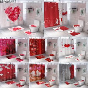 Rideaux Rose imperméable rideau de douche amour tapis ensemble couverture de toilette tapis de bain housse de coussin rideaux de salle de bain cadeau de saint valentin