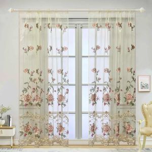 Rideaux rustiques européens de luxe avec fil d'or brillant, broderie florale, transparents, pour salon, chambre à coucher, traitement de fenêtre, passe-tringle sur le dessus