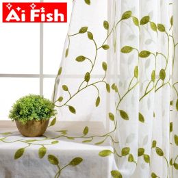 Cortinas Cortinas bordadas con hojas verdes rústicas, tul transparente azul con hojas blancas, cortinas opacas para sala de estar, WP072 #4
