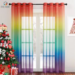 Cortinas RYB HOME Cortinas transparentes con degradado de arco iris colorido para sala de estar, cortinas de tul para ventana, cortinas para dormitorio, decoración del hogar para niños