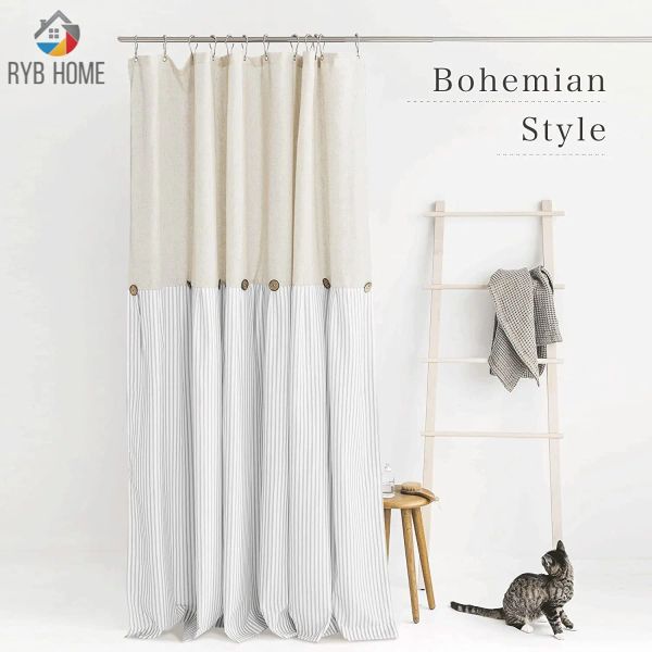 Cortinas RYB HOME Cortina de ducha con botones de lino, tela tejida de algodón, rayas grises plisadas, cortinas impermeables de estilo rural para baño