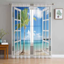 Cortinas Playa junto al mar Árbol de coco Ventana Luz del sol Cortinas de tul para decoración de sala de estar Gasa transparente Cortina de cocina y dormitorio