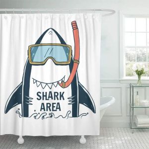 Ensemble de rideaux de douche avec crochets en tissu polyester, typo de requin graphique bleu et garçon d'été, t-shirt mignon imperméable pour décoration de salle de bain