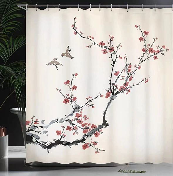 Cortinas Cortinas De Ducha Flores Fondo Blanco Pring Planta Floral Arte Creativo Tela Impermeable Decoración De Baño Juego De Pantallas con Ganchos