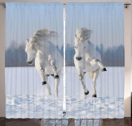 Rideaux Rideaux d'animaux blancs ciel, chevaux de race pure dans la faune, thème de la liberté de la forêt enneigée, paysage naturel d'hiver, rideau de fenêtre de chambre à coucher