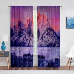 Rideaux Neige Montagne Rêve Crépuscule Paysage Sheer Rideau pour Salon Chambre Voile Drapé Cuisine Fenêtre Tulle Rideaux Maison Essentielle