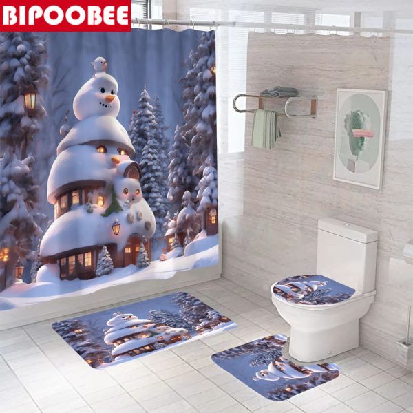 Cortinas Decoración de la casa del muñeco de nieve Cortinas de ducha 3D Feliz Navidad Cortina de baño Tapa del inodoro Cubierta Paisaje nevado Alfombras de baño Alfombras antideslizantes