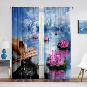 Cortinas Spa Zen Cortina de gasa transparente Piedra Flor de loto Piedras de bambú Meditación relajante Ventana Cortinas de tul para sala de estar Dormitorio