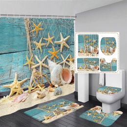 Rideaux Starfisf Beach Down rideau de douche ensemble bleu planche en bois conque méditerranéen maison de salle de bain décor de sol tapis de bain de bain couvercle de couvercle de couvercle de toilette