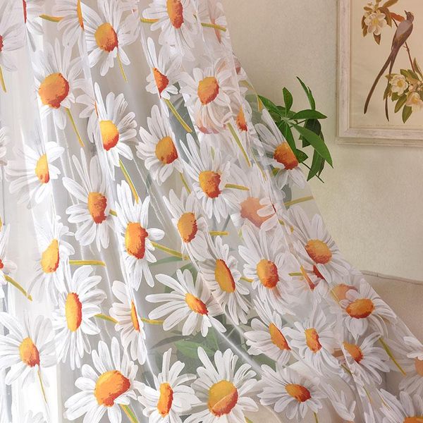 Cortinas Cortinas de tul con flores de sol para sala de estar, dormitorio, cocina, cortinas transparentes de gasa florales amarillas para tratamiento de ventanas, persianas