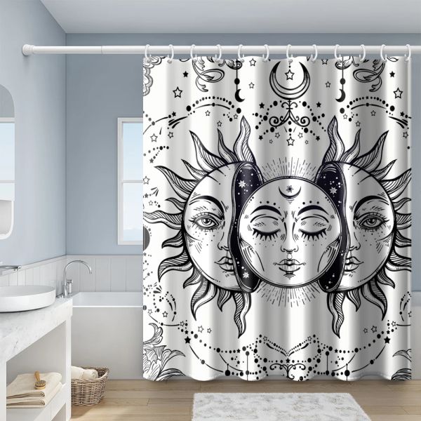 Cortinas de sol, luna y estrellas, patrón decorativo, cortinas de ducha, cortina de baño Frabic, cortina de baño de poliéster impermeable con ganchos