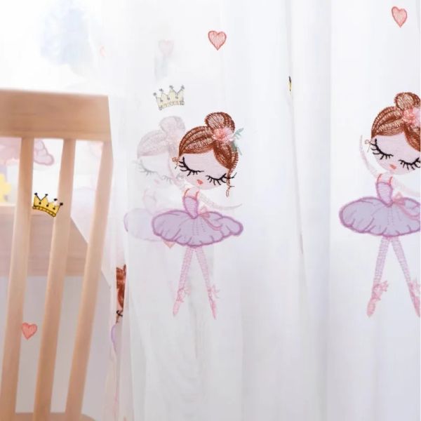 Rideaux Doux dessin animé Ballet danse fille brodé Tulle rideau pour chambre d'enfants couronne broderie pure Voile rideaux sur mesure