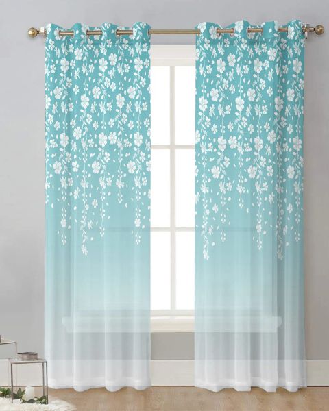 Rideaux en Tulle à fleurs sarcelle, décoration de salon, transparents, pour chambre à coucher, Voile de cuisine, en mousseline de soie