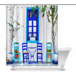 Rideaux série traditionnelle grèce, petite taverne de rue mignonne, île de Kos, décor de salle de bains, ensemble de rideaux de douche