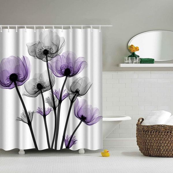 Rideaux de douche de fleur de tulipe bleu violet tulipe de plante florale motif de fleurs étanche salle de bain en tissu imperméable avec crochets rideaux de bain