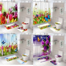 Rideaux de tulip fleurs imprimer rideau de douche papillons rideaux de salle de bain floral avec tapis de toilette de tapis de bain de bain anti-islip