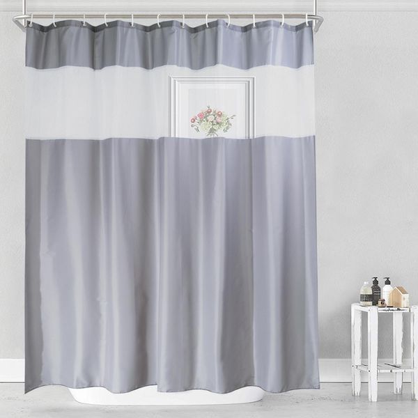 Cortinas UFRIDAY Cortina de ducha de tela gris y blanca para baño con ventana, cortina de baño transparente moderna de gasa blanca translúcida