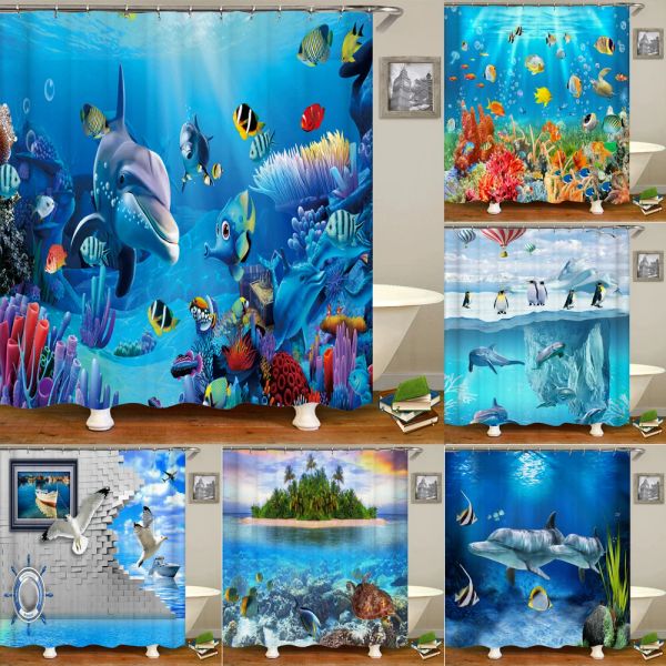 Cortinas Mundo submarino Peces Tortuga Cortinas de ducha 3d Océano Delfín Mar Paisaje Tela Cortina de baño impermeable Pantalla de decoración de baño