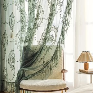 Rideaux Vintage vert broderie florale rideau transparent romantique à volants dentelle Voile fenêtre draperies pour chambre cuisine traitement de fenêtre