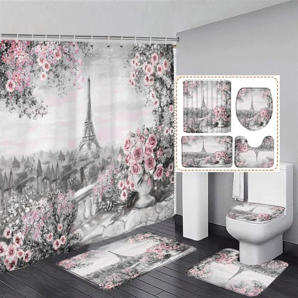 Rideaux vintage paris de douche de tour de tour ensemble rose floral noir blanc ville mode fille de salle de bain décor de salle de bain tapis de bain couvercle couvercle de couvercle de toilette