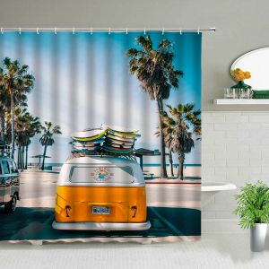 Rideaux Vintage vacances d'été rétro Bus camping-car rideaux de douche planche de surf palmier salle de bain décor à la maison rideau de baignoire avec crochets